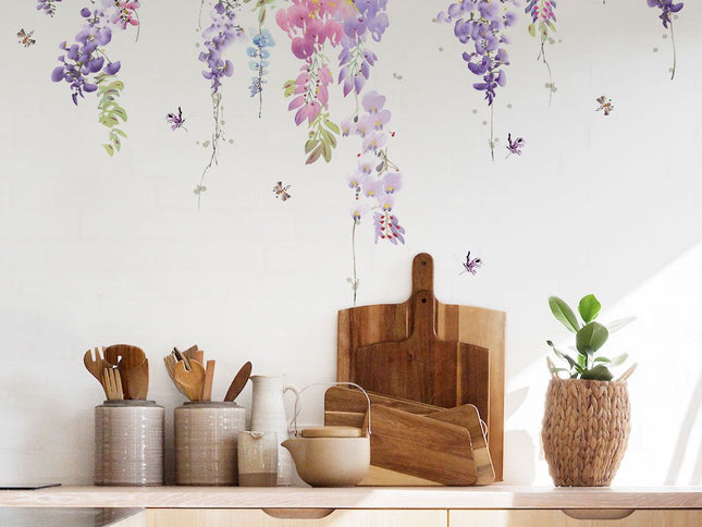 Flower Wall Decals Purple Hanging Vines Floral Wall Stickers for Girls Bedroom Nursery Living Room Wall Decor