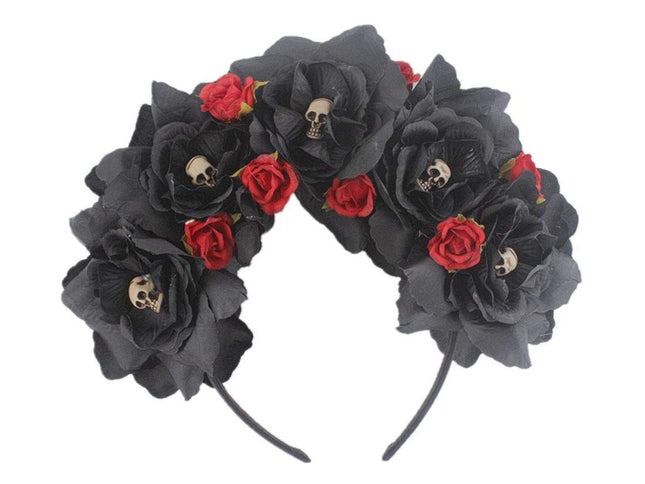Floral Fall Women Day of the Dead Flower Crown Festival Headband Rose Mexican Floral Headpiece HC-23 (Black Rose)