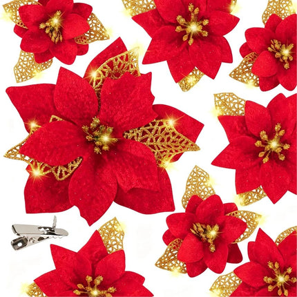 28PCS Christmas Tree Decorations: Poinsettias Artificial Flowers Ornaments Xmas Red Glitter Flower with Clips