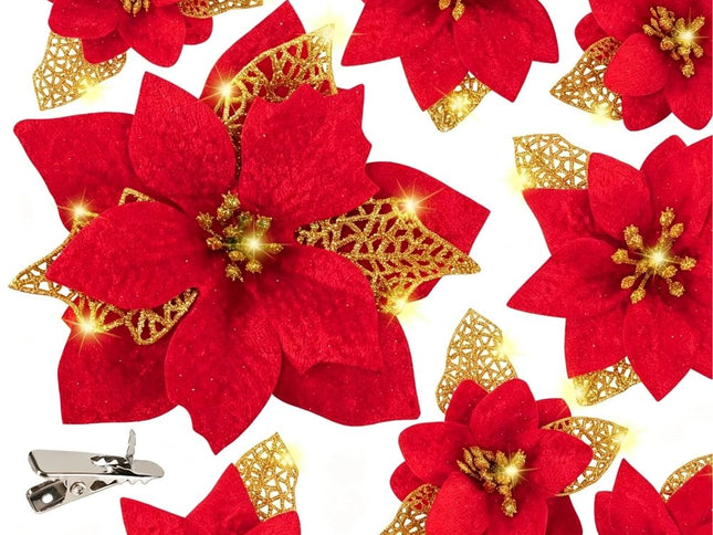 28PCS Christmas Tree Decorations: Poinsettias Artificial Flowers Ornaments Xmas Red Glitter Flower with Clips