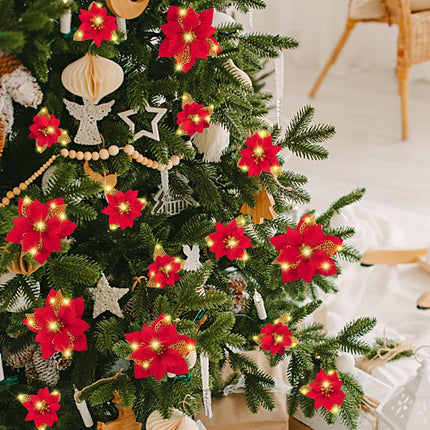 28PCS Christmas Tree Decorations: Poinsettias Artificial Flowers Ornaments Xmas Red Glitter Flower with Clips