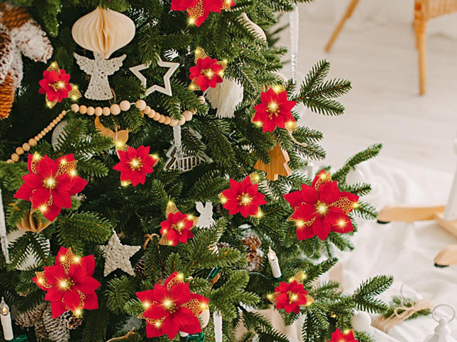 28PCS Christmas Tree Decorations: Poinsettias Artificial Flowers Ornaments Xmas Red Glitter Flower with Clips