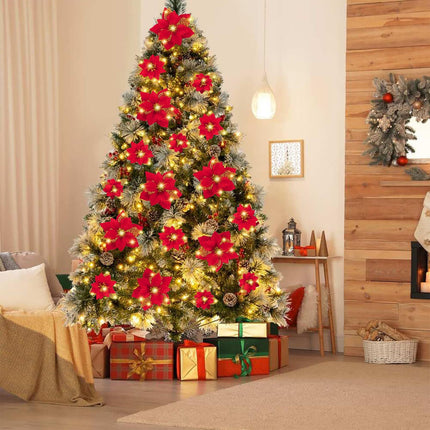 28PCS Christmas Tree Decorations: Poinsettias Artificial Flowers Ornaments Xmas Red Glitter Flower with Clips