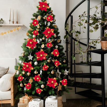 28PCS Christmas Tree Decorations: Poinsettias Artificial Flowers Ornaments Xmas Red Glitter Flower with Clips