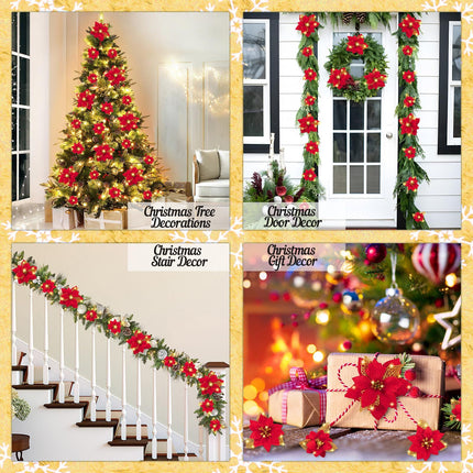 28PCS Christmas Tree Decorations: Poinsettias Artificial Flowers Ornaments Xmas Red Glitter Flower with Clips