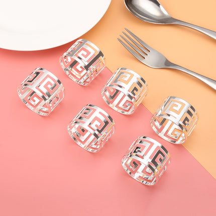 6PCS Hollow Out Napkin Ring Holder, Silver Circle Serviette Buckles for Holiday Party Wedding Banquet Household Festival Decor