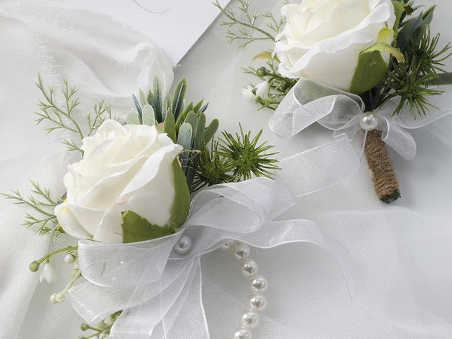 2 pieces Wrist Corsage Set, Artificial Rose Men Women Corsage Wristband Bracelet, Bride Groom Wedding Prom Party Flowers