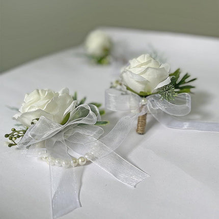 2 pieces Wrist Corsage Set, Artificial Rose Men Women Corsage Wristband Bracelet, Bride Groom Wedding Prom Party Flowers