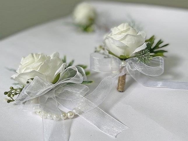 2 pieces Wrist Corsage Set, Artificial Rose Men Women Corsage Wristband Bracelet, Bride Groom Wedding Prom Party Flowers