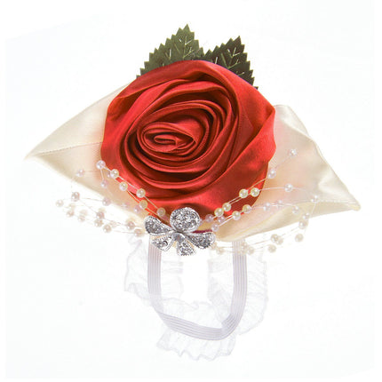 Fashionable wedding bridesmaid wrist flower bust party hand flower decoration with artificial pearl bead wristband red