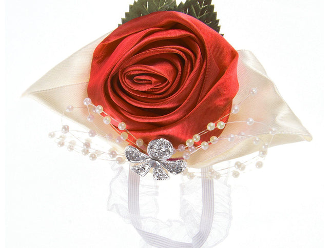 Fashionable wedding bridesmaid wrist flower bust party hand flower decoration with artificial pearl bead wristband red