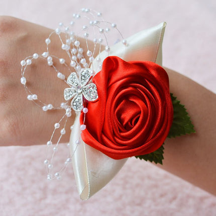 Fashionable wedding bridesmaid wrist flower bust party hand flower decoration with artificial pearl bead wristband red