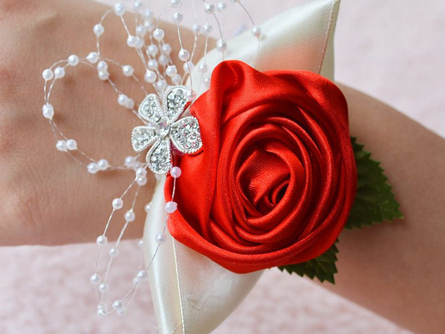 Fashionable wedding bridesmaid wrist flower bust party hand flower decoration with artificial pearl bead wristband red
