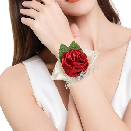 Fashionable wedding bridesmaid wrist flower bust party hand flower decoration with artificial pearl bead wristband red