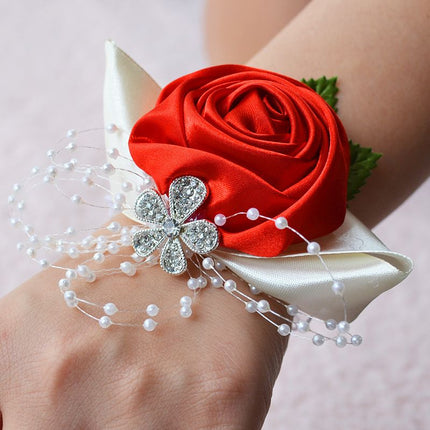 Fashionable wedding bridesmaid wrist flower bust party hand flower decoration with artificial pearl bead wristband red