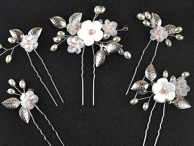 Flower Bride Wedding Hair Pins Silver Bridal Hair Pieces Pearl Hair Accessories Leaf Prom Hair Clips (Pack of 5)