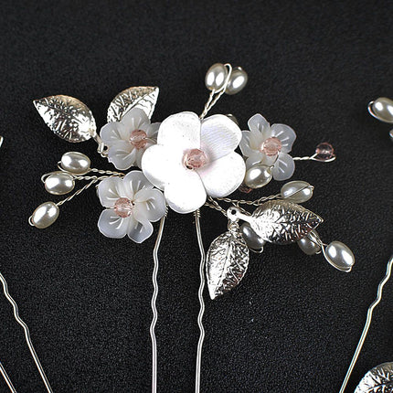 Flower Bride Wedding Hair Pins Silver Bridal Hair Pieces Pearl Hair Accessories Leaf Prom Hair Clips (Pack of 5)