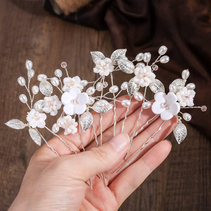 Flower Bride Wedding Hair Pins Silver Bridal Hair Pieces Pearl Hair Accessories Leaf Prom Hair Clips (Pack of 5)