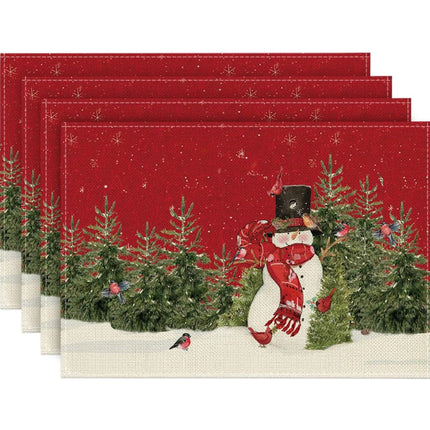 4pcs，Snowman Cardinal Tree Christmas Table Mat, Seasonal Winter Bird Christmas Holiday Rural Retro Thanksgiving Washable Table Mat