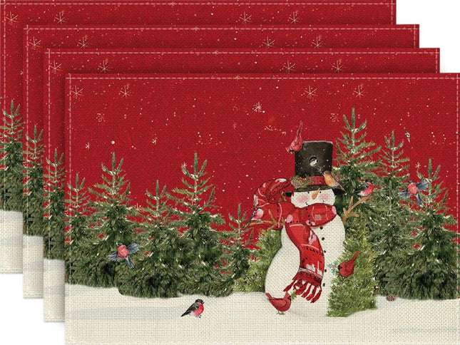 4pcs,Snowman Cardinal Tree Christmas Table Mat, Seasonal Winter Bird Christmas Holiday Rural Retro Thanksgiving Washable Table Mat
