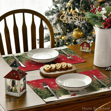 4pcs，Snowman Cardinal Tree Christmas Table Mat, Seasonal Winter Bird Christmas Holiday Rural Retro Thanksgiving Washable Table Mat