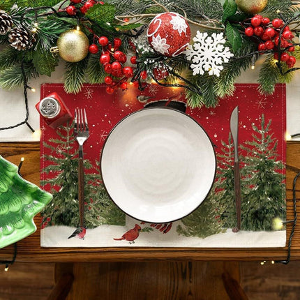 4pcs，Snowman Cardinal Tree Christmas Table Mat, Seasonal Winter Bird Christmas Holiday Rural Retro Thanksgiving Washable Table Mat