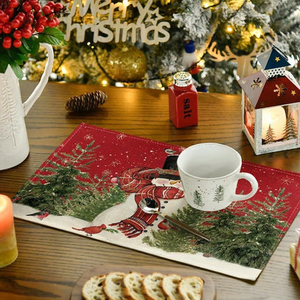 4pcs，Snowman Cardinal Tree Christmas Table Mat, Seasonal Winter Bird Christmas Holiday Rural Retro Thanksgiving Washable Table Mat