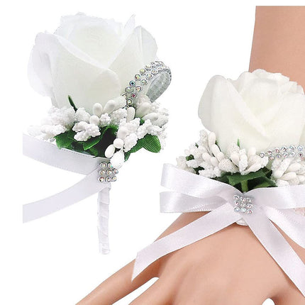 Rose Wrist Corsage Bridesmaid Corsage and Boutonniere Set for Wedding Prom Party Hand Flower Decoration Set of 2 (White)