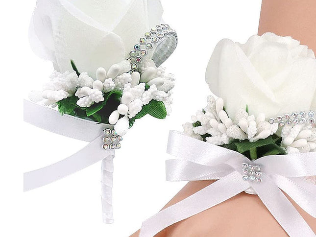 Rose Wrist Corsage Bridesmaid Corsage and Boutonniere Set for Wedding Prom Party Hand Flower Decoration Set of 2 (White)