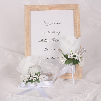 Rose Wrist Corsage Bridesmaid Corsage and Boutonniere Set for Wedding Prom Party Hand Flower Decoration Set of 2 (White)