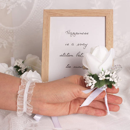 Rose Wrist Corsage Bridesmaid Corsage and Boutonniere Set for Wedding Prom Party Hand Flower Decoration Set of 2 (White)