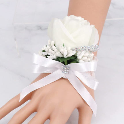 Rose Wrist Corsage Bridesmaid Corsage and Boutonniere Set for Wedding Prom Party Hand Flower Decoration Set of 2 (White)