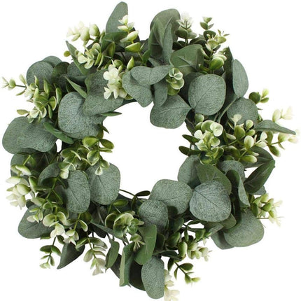 Artificial Green Wreath Wall Hanging Spring Door Decoration with Flowers & Ribbons (Large Money Eucalyptus Garland (White)