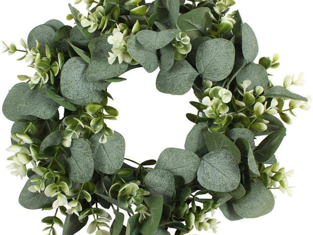 Artificial Green Wreath Wall Hanging Spring Door Decoration with Flowers & Ribbons (Large Money Eucalyptus Garland (White)