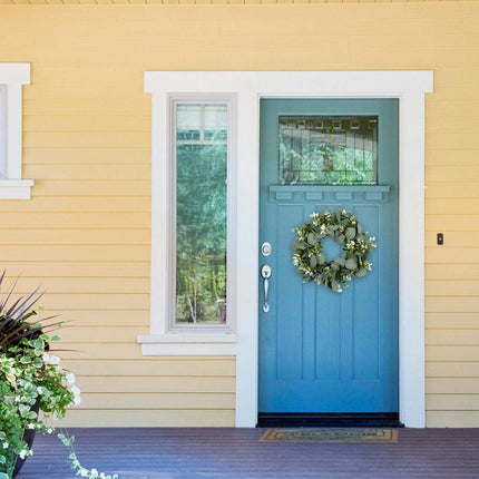 Artificial Green Wreath Wall Hanging Spring Door Decoration with Flowers & Ribbons (Large Money Eucalyptus Garland (White)