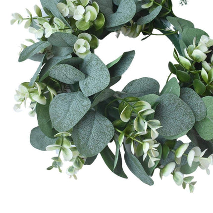 Artificial Green Wreath Wall Hanging Spring Door Decoration with Flowers & Ribbons (Large Money Eucalyptus Garland (White)