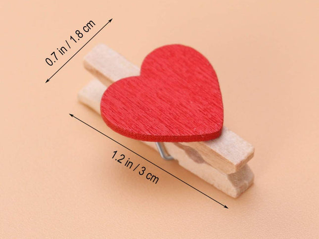 50pcs Mini Heart- Shaped Wooden Clips DIY Craft Clips Photo Paper Pegs for Photos Cards Paintings Scrapbookings Wedding (Red)