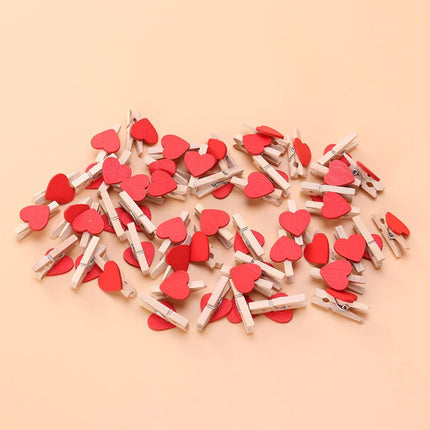 50pcs Mini Heart- Shaped Wooden Clips DIY Craft Clips Photo Paper Pegs for Photos Cards Paintings Scrapbookings Wedding (Red)