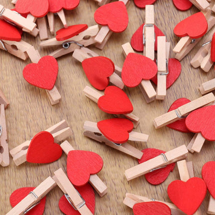 50pcs Mini Heart- Shaped Wooden Clips DIY Craft Clips Photo Paper Pegs for Photos Cards Paintings Scrapbookings Wedding (Red)