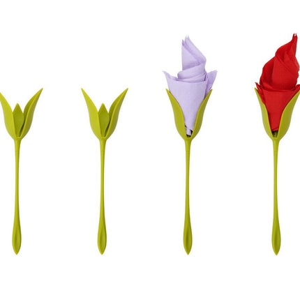 Napkin Holders for Tables, Set of 4 Green Stemmed Plastic Twist Flower Buds Serviette Holders Plus White Napkins