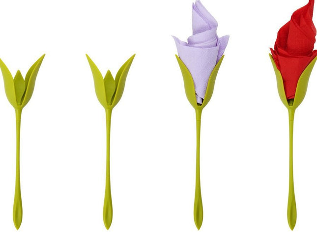 Napkin Holders for Tables, Set of 4 Green Stemmed Plastic Twist Flower Buds Serviette Holders Plus White Napkins