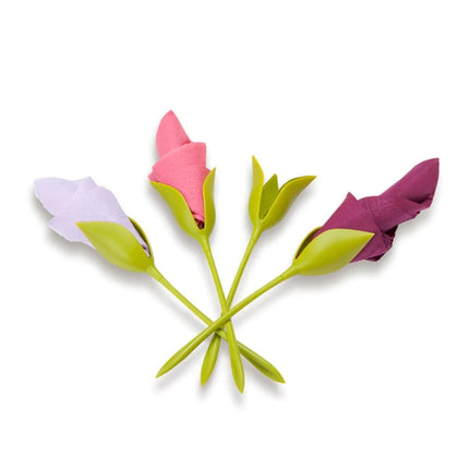 Napkin Holders for Tables, Set of 4 Green Stemmed Plastic Twist Flower Buds Serviette Holders Plus White Napkins