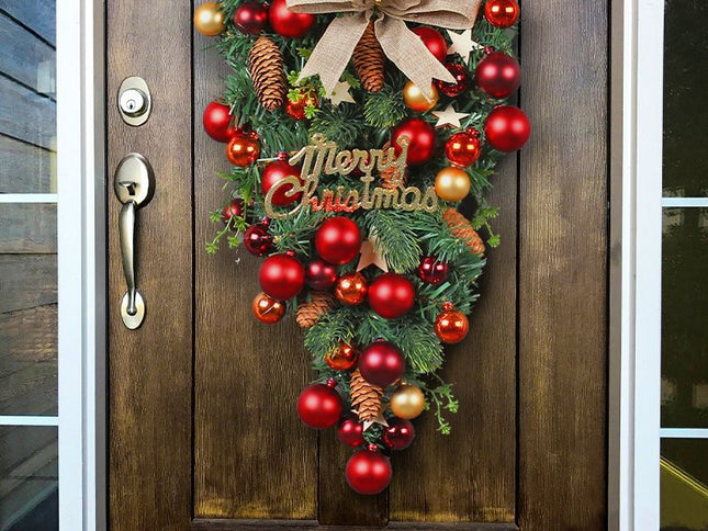 Christmas Wreath Wall Hanging Ornament Artificial Christmas Teardrop Merry Christmas Front Door Decorative Wreath Garland Xmas
