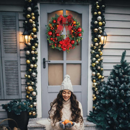 Christmas Wreath for Door Wreaths Garland Red Bow Wreath Pendant Tree Berry Ball Winter Front Door Outdoor Indoor Window Mantel
