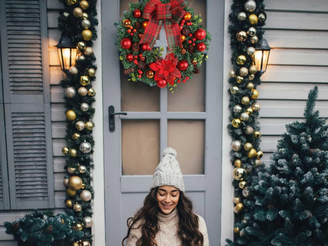 Christmas Wreath for Door Wreaths Garland Red Bow Wreath Pendant Tree Berry Ball Winter Front Door Outdoor Indoor Window Mantel