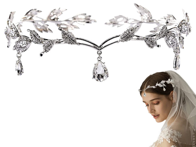 Elegant Rhinestone Leaf Wedding Bridal Bridesmaid Forehead Band Dangle Rhinestone Bridal Tiara Crown with Gift Box , Silver