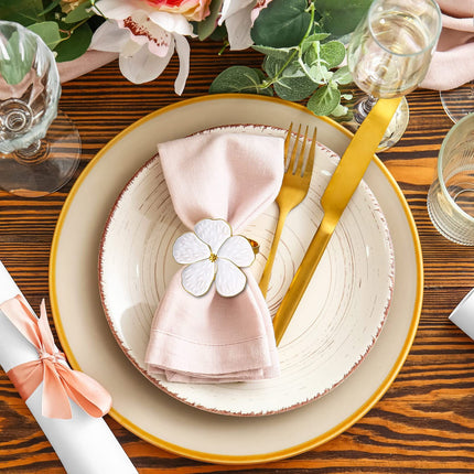 4 Pcs White Flower Napkin Rings Set, Holiday Gold Napkin Ring Holder Floral Serviette Buckles for Wedding Party Banquet