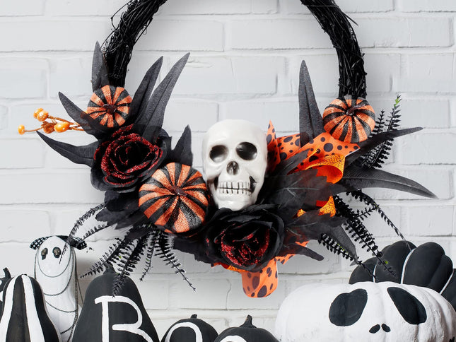 Halloween Wreath Artificial Skull Wreath Handmade Black Grapevine Wreath with Pumpkin Rose Ribbon Bat 15.7‚ÄùFront Door Decorations