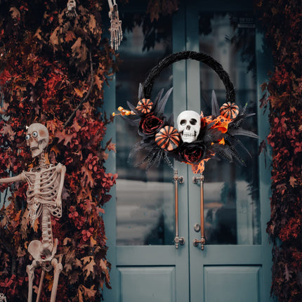 Halloween Wreath Artificial Skull Wreath Handmade Black Grapevine Wreath with Pumpkin Rose Ribbon Bat 15.7”Front Door Decorations