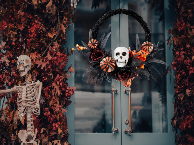 Halloween Wreath Artificial Skull Wreath Handmade Black Grapevine Wreath with Pumpkin Rose Ribbon Bat 15.7‚ÄùFront Door Decorations